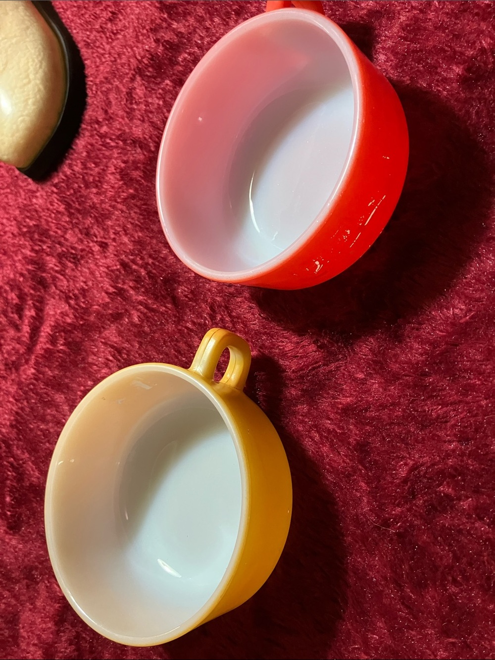 2 Vintage Fire King Anchor Hocking D Handle Soup Bowls Mugs Yellow Stackable